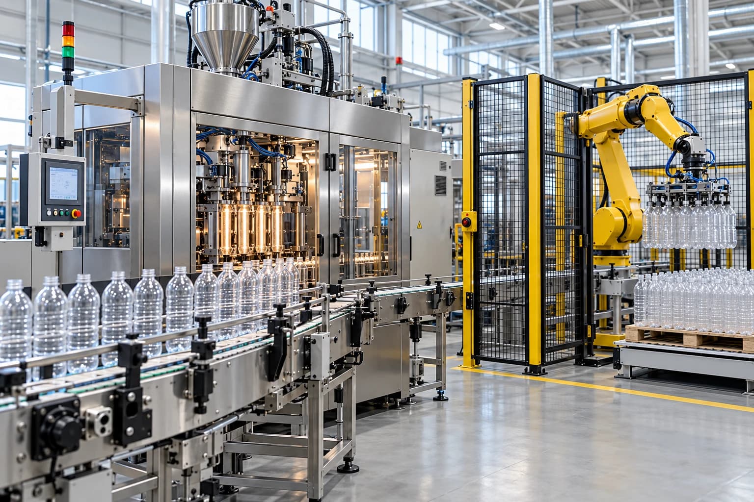 Illustration of bottle manufacturing and industrial automation